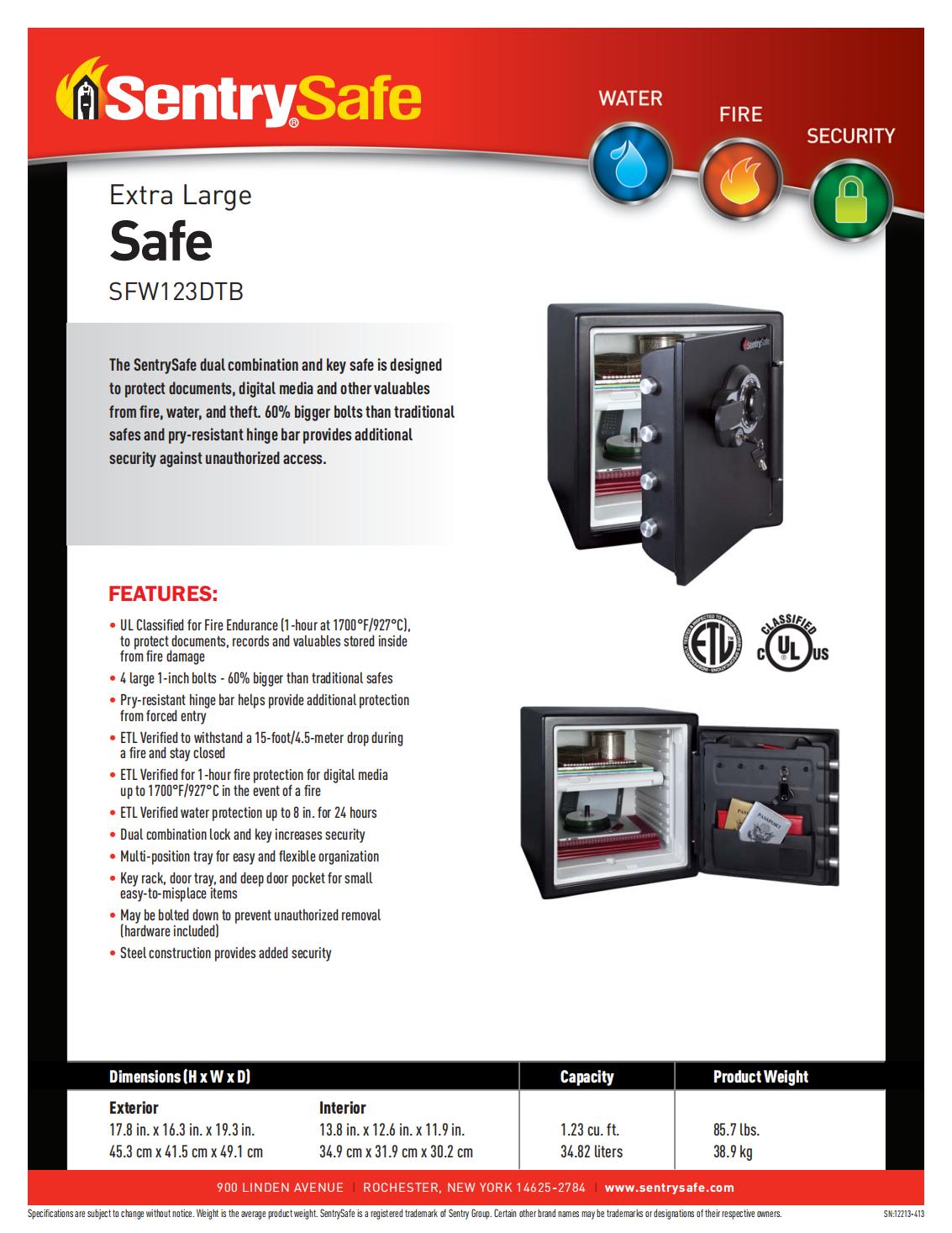 Két Sắt Chống Cháy SentrySafe SFW123DTB SFW123DTB HRO spec sheet 00