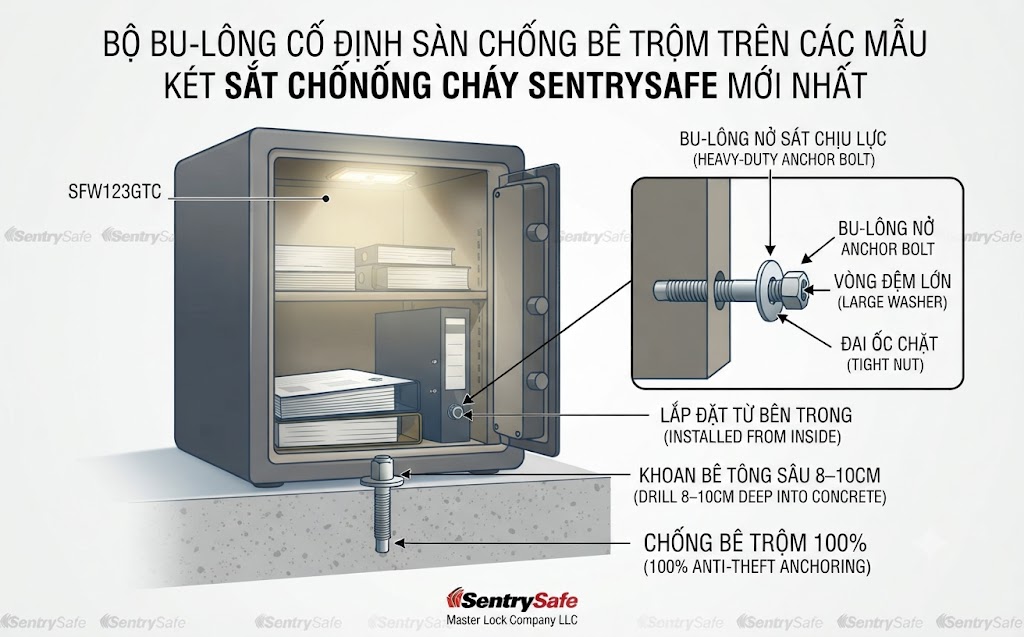 Các Mẫu Két Sắt Chống Cháy SentrySafe Mới Nhất Bo bu long co dinh san chong be trom tren cac mau ket sat chong chay SentrySafe moi nhat