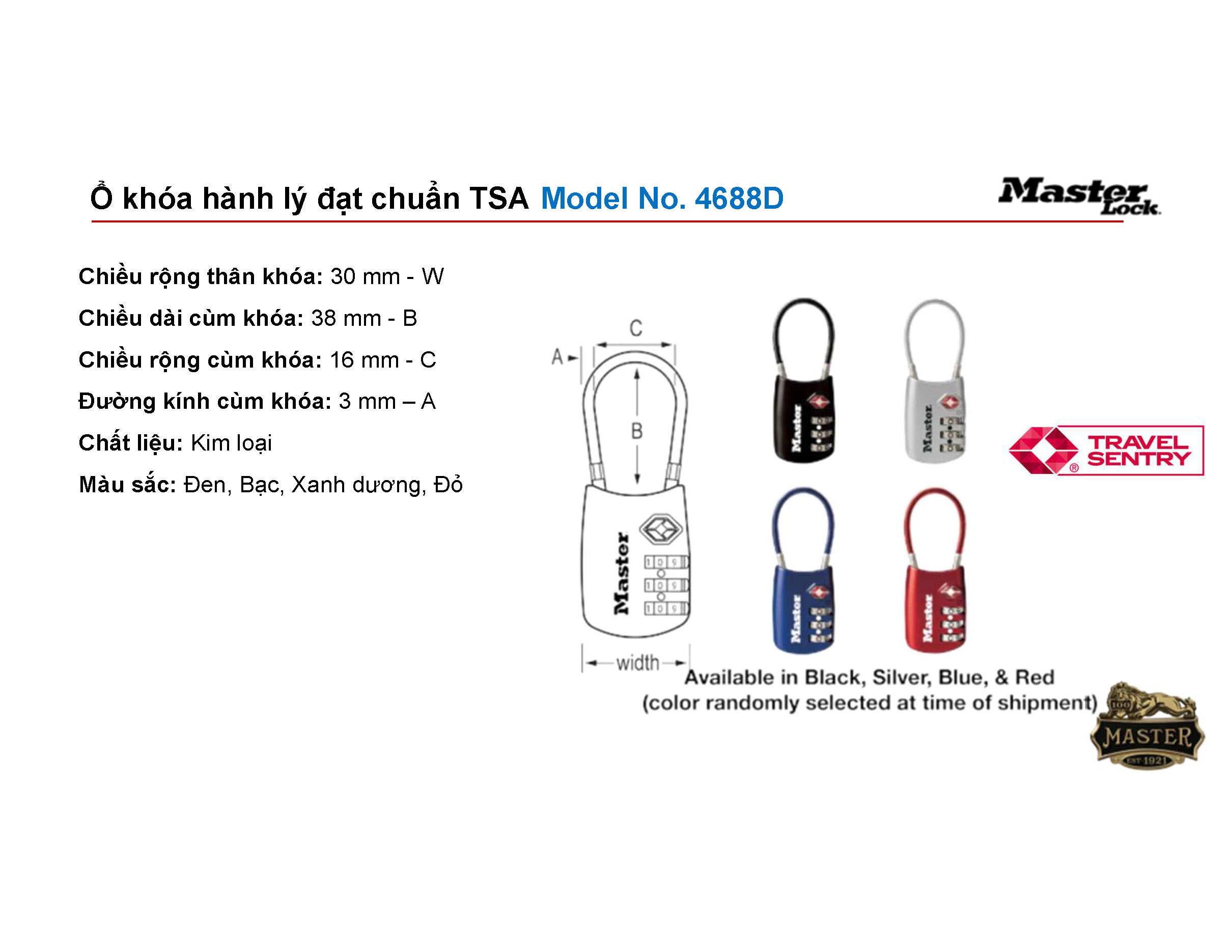 Khóa dây cáp mã số Masterlock 4688D Masterlock 4688D