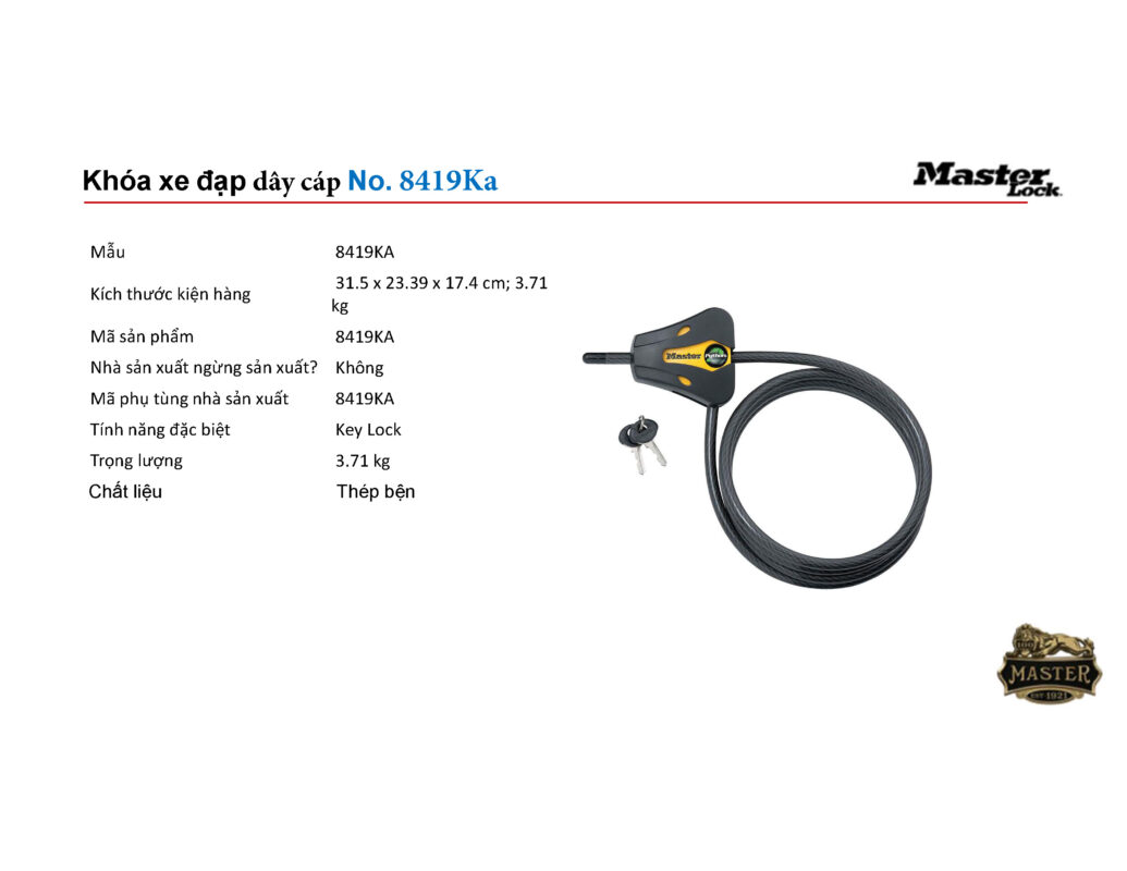Khóa dây cáp mở chìa Masterlock 8419KA Masterlock 8419Ka