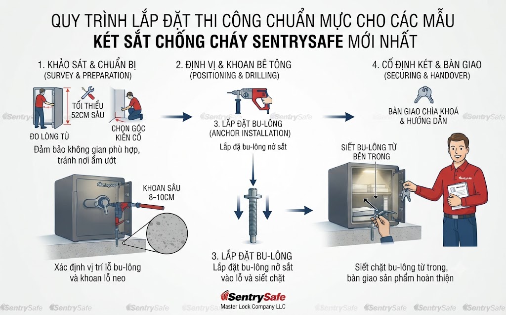 Các Mẫu Két Sắt Chống Cháy SentrySafe Mới Nhất Quy trinh lap dat thi cong chuan muc cho cac mau ket sat chong chay SentrySafe moi nhat